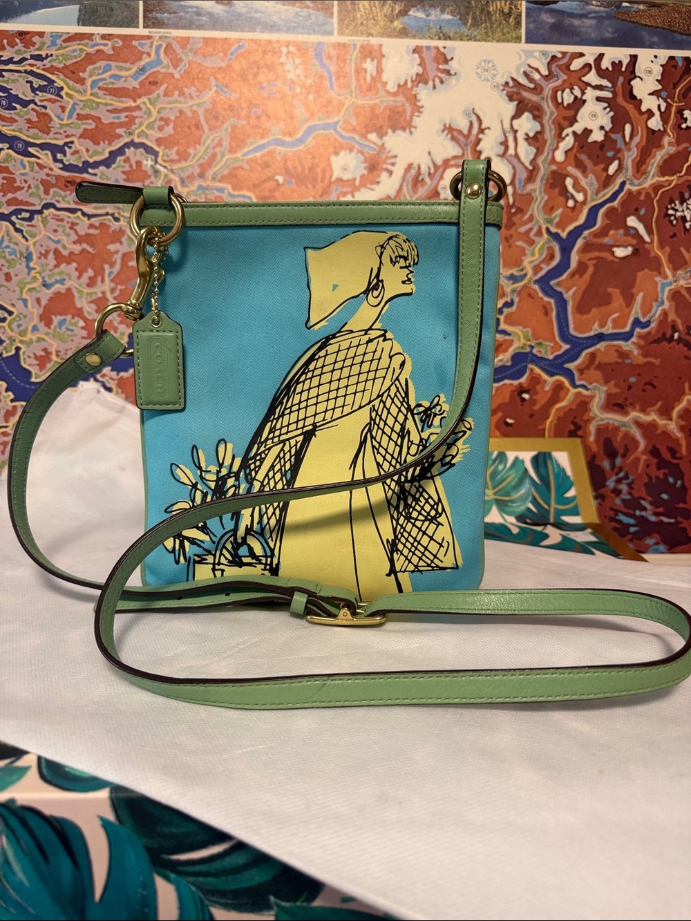 Coach Aqua and Yellow Illustrated Crossbody with Green Trim